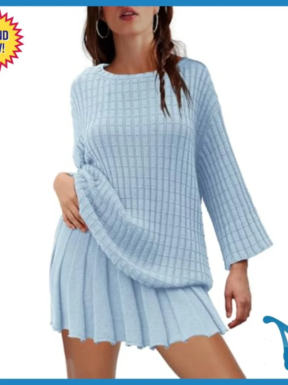 Oversized Lounge Set Long Sleeve Knit Top Pleated Skirt 2 Piece